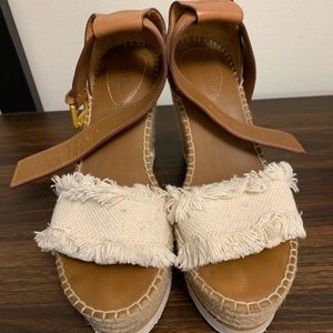 See By Chloé Glyn Leather & Frayed Canvas Wedges